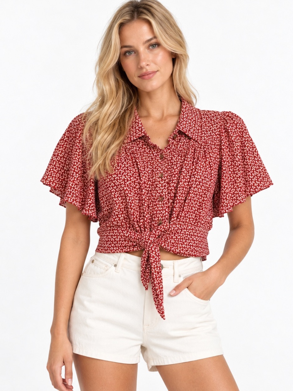 Maeve Anthropologie Milly Cropped Tie-Waist Floral Button Front Top Red Size 6